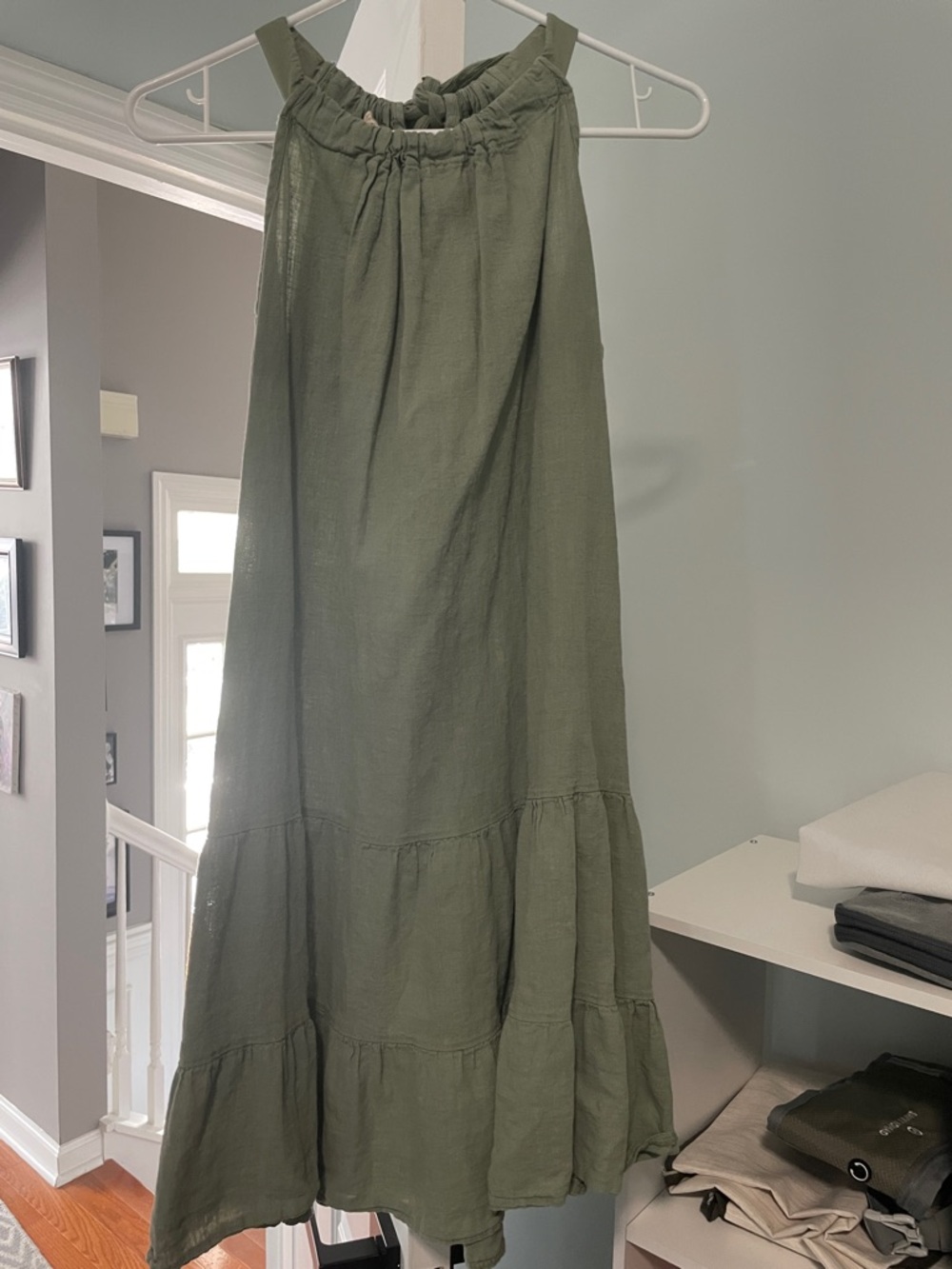 Olive Green Tiered Maxi Dress with Elastic Neckline